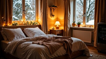 Fototapeta premium stylish and cosy interior, bedroom with a bed and beige rugs, battery, heating, heating season, details, large window with a view of snow-covered trees