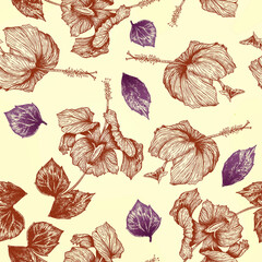 Seamless pattern Hibiscus flowers and leaves illustration