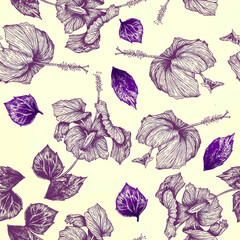 Seamless pattern Hibiscus flowers and leaves illustration