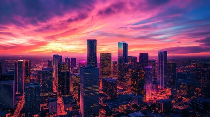 Obraz premium Breathtaking Sunset Over Houston Skyline with Vivid Colors and Illuminated Cityscape Capturing the Essence of Urban Nightlife and Modern Architecture