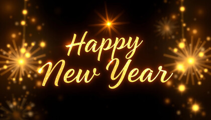 Fototapeta premium A majestic, golden 'Happy New Year' in elegant, flowing cursive script, majestically centered on a deep, gradient night sky that's ablaze with a warm, fiery glow, as delicate, shimmering silver and ch
