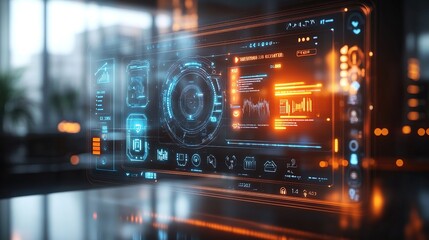 Fototapeta premium Futuristic holographic interface displaying data and analytics.