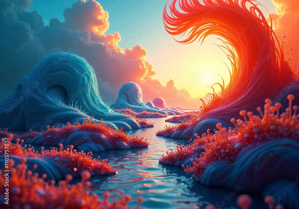 Poster an ethereal abstract landscape capturing the harmony between chaos and order in vivid colors and int
