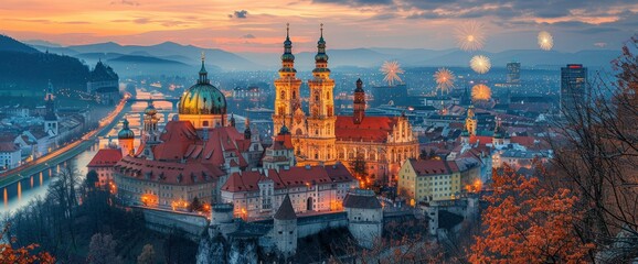 Naklejka premium Panoramic View of Passau, Germany at Sunset with Fireworks