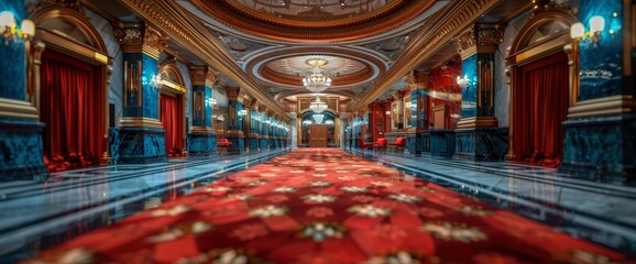 Obraz premium Grand Palace Hallway Opulent Interior Design with Red Carpet and Marble Flooring