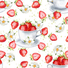 Red strawberries and tea cup seamless pattern. Hand-drawn background illustration in watercolor style
