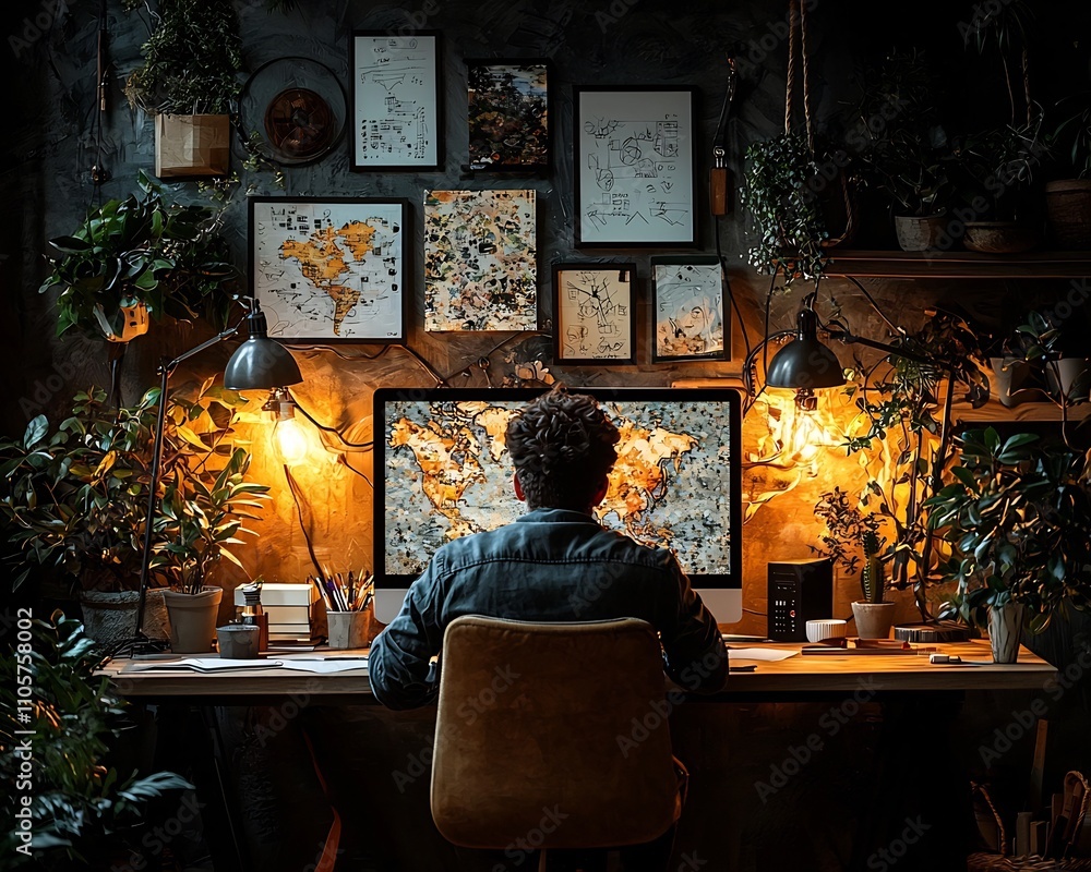 Poster cozy graphic design studio with colorful prints and sketches owner working on computer screen while 