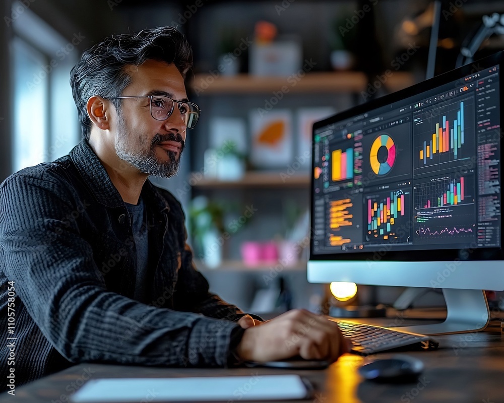 Poster graphic designer working in colorful creative studio with clients