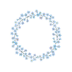 Watercolor wreath of blue forget-me-nots flowers on white background. Hand drawn illustration. For postcard, congratulations, printing.
