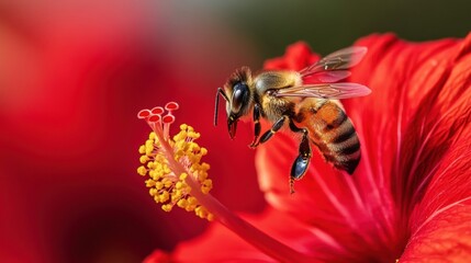 A close-up of a bee pollinating a bright red hibiscus flower