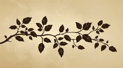 A stylized branch with leaves, on a brown background.