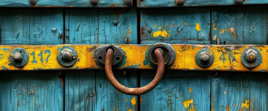 Antique Wooden Door with Rusty Metal Ring Handle and Number 117