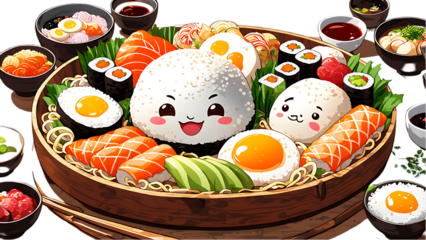 A cartoon-style food platter displays a variety of sushi and rice balls with cute, smiling faces