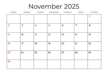 Printable Monthly Calendar template for November 2025. Week Starts on SUNDAY. Wall Calendar in a Minimalist Style. Simple and clean design. Ready to print. Vector illustration