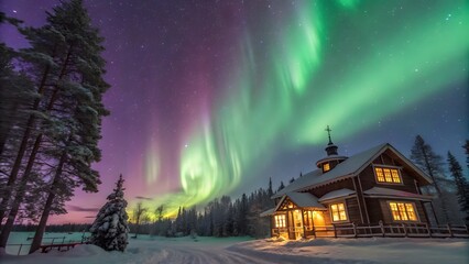 Northern Lights Over Snow-Covered Chapel, Celebrating Christmas and New Year in a Winter Wonderland with Stunning Aurora Borealis, Festive Spirit, and Peaceful Seasonal Beauty