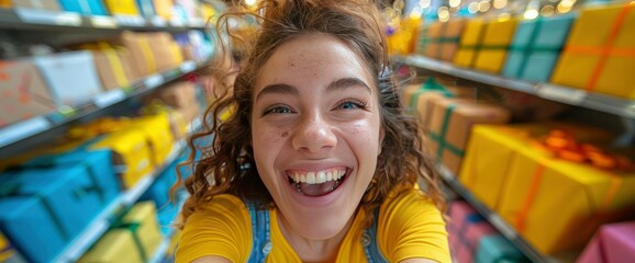 Joyful Young Woman Taking a Selfie Amidst Colorful Gift Boxes in a Store