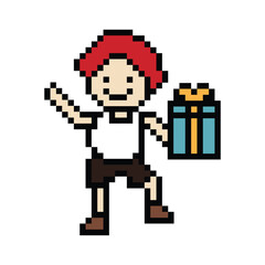 Obraz premium Cute pixel cartoon 8bit character man give gift box birthday christmas bonus reward surprise decoration 8 bit male boy give gift box shopping bonus christmas day game 8 bit png vector.