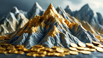 Majestic mountain made of gold with coins scattered around