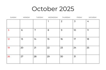 Printable Monthly Calendar template for October 2025. Week Starts on SUNDAY. Wall Calendar in a Minimalist Style. Simple and clean design. Ready to print. Vector illustration