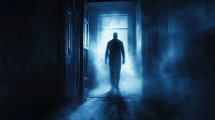 Mysterious Figure Emerging from Smoky Darkness in an Abandoned Room with Eerie Lighting and Haunting Atmosphere for Horror and Suspense Themes