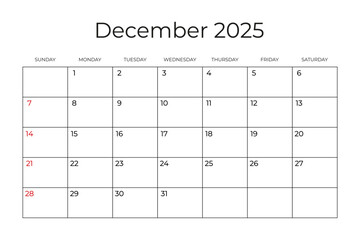 Printable Monthly Calendar template for December 2025. Week Starts on SUNDAY. Wall Calendar in a Minimalist Style. Simple and clean design. Ready to print. Vector illustration
