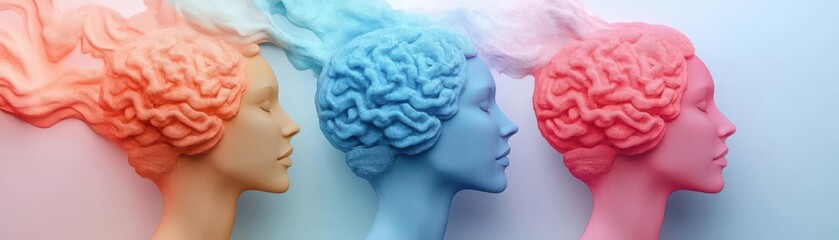 Vibrant cutout design, three heads showcasing detailed brain motifs, serene pastel backdrop, CG 3D...