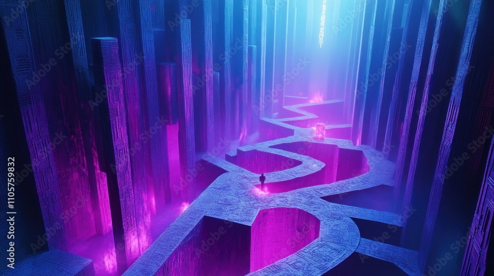 Poster abstract futuristic landscape with illuminated pathways in a vibrant neon setting, showcasing toweri