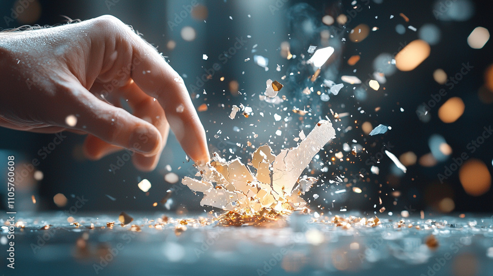Poster dynamic action of hand shattering object in dark studio high-definition image conceptual art for ai 