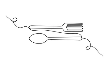 knife and fork continuous one line art drawing of concept doodle style outline vector design