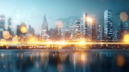 Fototapeta premium Futuristic cityscape lights at night urban environment digital photography reflective water panoramic view technology and modernity concept