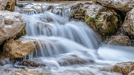 Fototapeta premium Tranquil Flowing Stream with Smooth Water Cascading Over Rocks Surrounded by Natural Greenery and Textured Stones in a Serene Environment