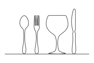 knife and fork continuous one line art drawing of concept doodle style outline vector design