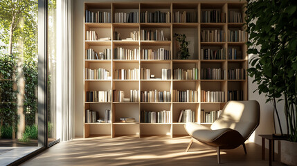 Modern reading nook with bright bookshelves and natural light in a cozy interior space