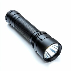 Black flashlight, textured body, bright beam.