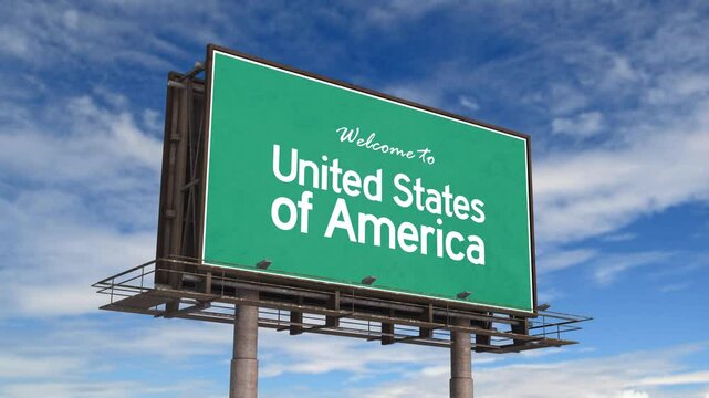 Welcome To United States of America Road Sign. Airplane Landing USA.