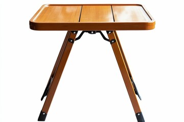Brown folding table, wood-grain top, metal frame.