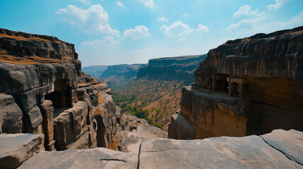 the breathtaking view of Kailasa Temple from a distance, set against a backdrop of rocky hills in India.