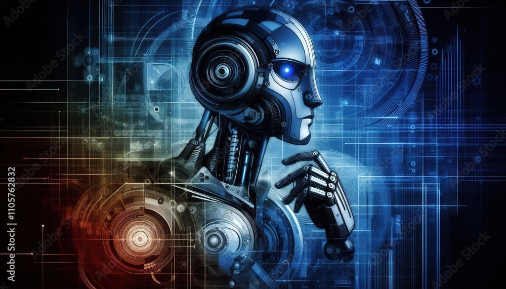 Poster robot in profile on an abstract dark blue background