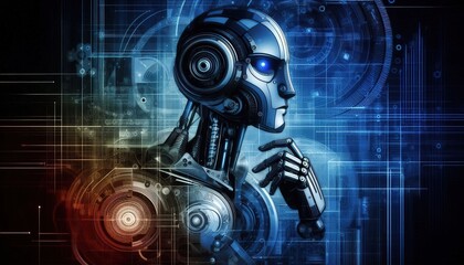 robot in profile on an abstract dark blue background