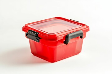 Red plastic container with lid and handles.
