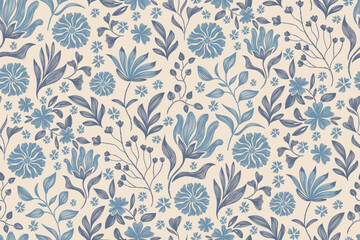 Vintage floral ethnic tapestry modern embroidery texture boho design vector illustration hand drawn silhouette indigo blue flower motif branches leaves wallpaper seamless background border.