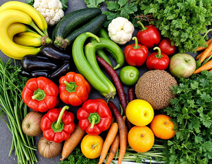 vegetables and fruits. Fresh produce featuring bananas, peppers, and carrots. Great for food related designs, healthy lifestyle concepts, and agricultural content.