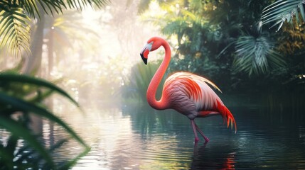 Fototapeta premium Vibrant Flamingo Standing Gracefully in a Lush Tropical Environment Surrounded by Greenery and Reflective Water Under a Soft Misty Light