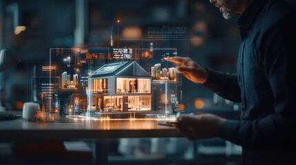 Innovative cyberbroker engages with hightech real estate presentation in a futuristic urban environment showcasing vision of smart living solutions