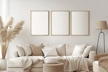 mockup empty frames, place for pictures on the wall in a beautiful decorated room