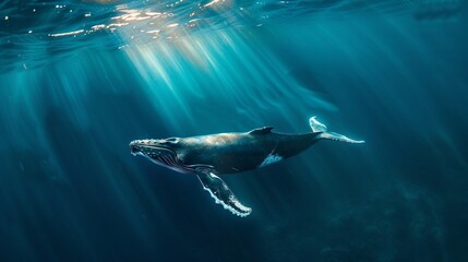 Huge whale underwater sea or ocean close up view from under water with sun rays - Powered by Adobe