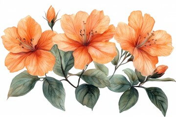 A watercolor illustration of vibrant orange flowers with green leaves.