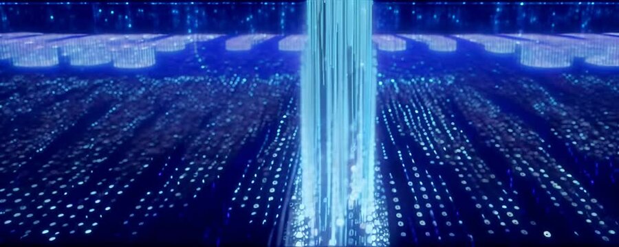 abstract animation of binary code cascading down like digital rain, with occasional bright flashes representing data insights