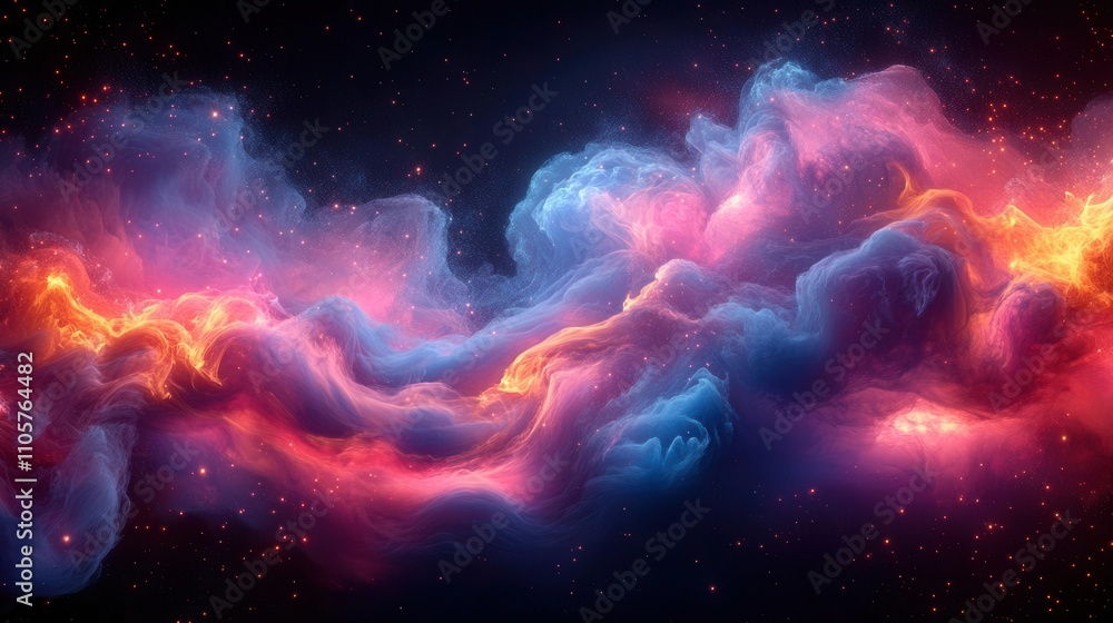 Poster cosmic plasma clouds with glowing cyan and magenta streaks, dynamic depth effects, and particle trai