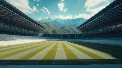 Fototapeta premium Expansive View of a Modern Sports Stadium Surrounded by Lush Mountains under a Bright Blue Sky with Fluffy Clouds and Striped Green Field